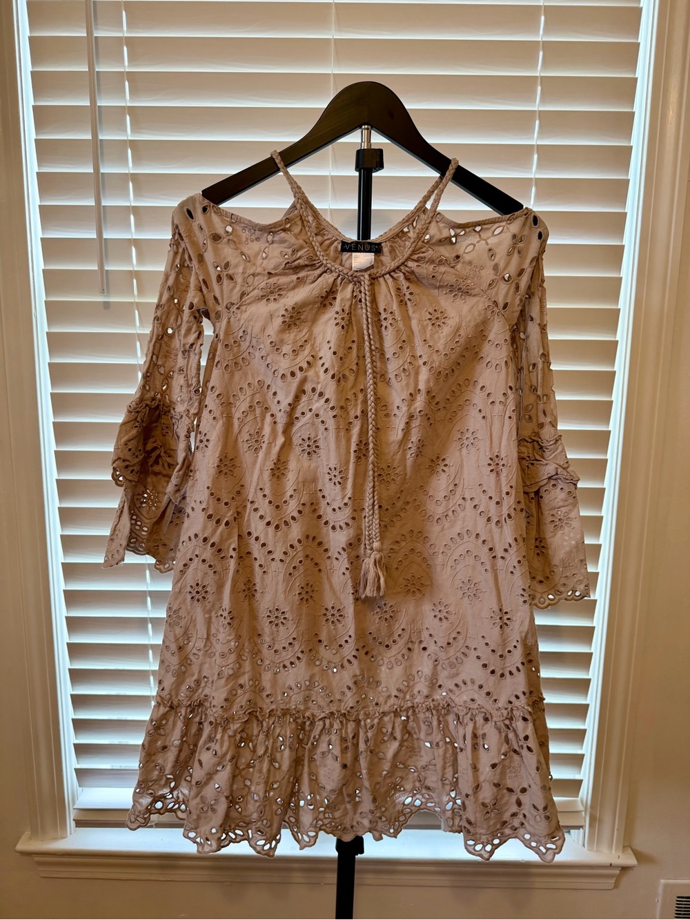 VENUS Beige Eyelet Embroidered Boho Tunic Dress Small Bell Sleeve Cottagecore